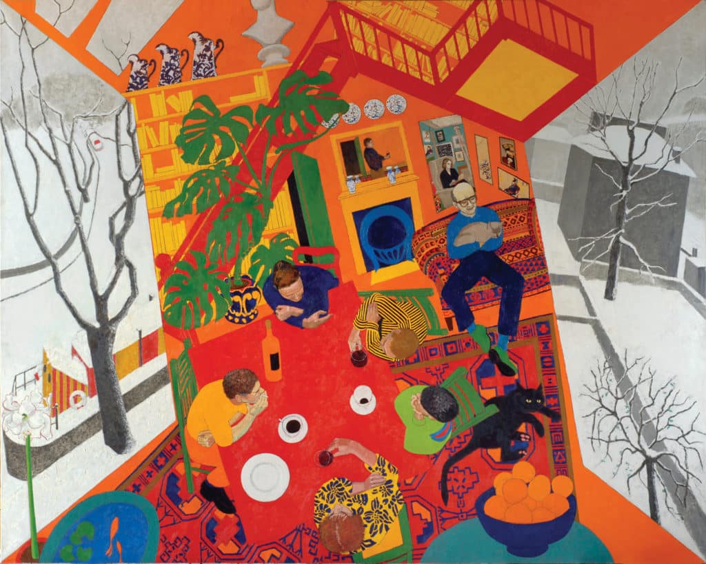 Colorful collage with a drawing of people lounging in a living room