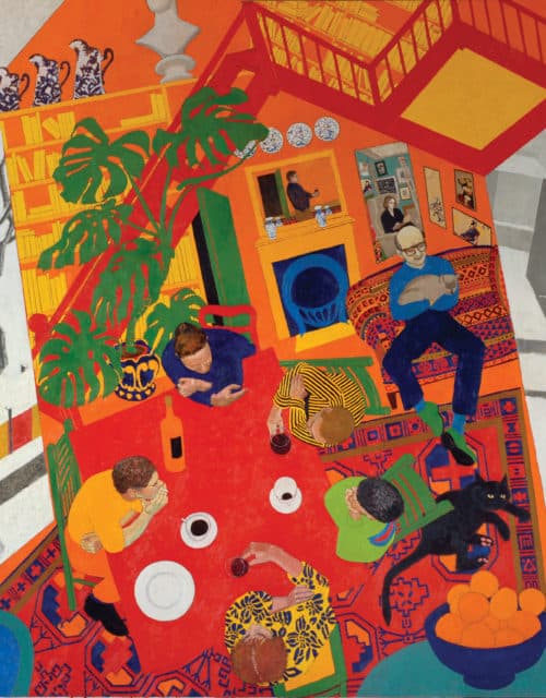 Colorful collage with a drawing of people lounging in a living room