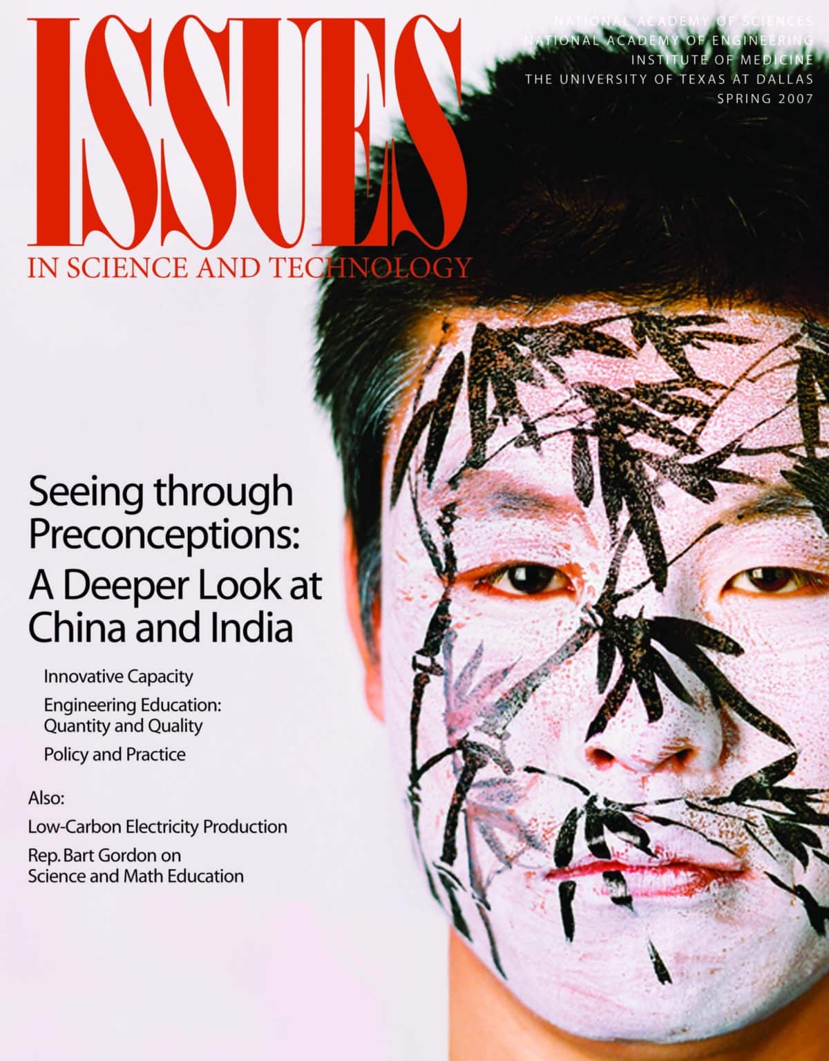 Issues Spring 2007 Seeing through Preconceptions front cover with man's face painted with bamboo on it
