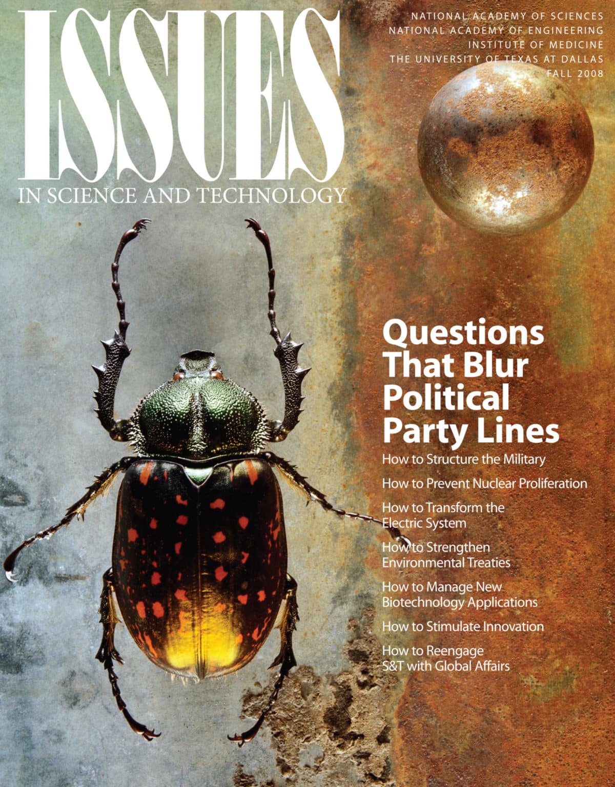 Issues Fall 2008 Questions That Blur Political Party Lines Front Cover with Photo of a Beetle