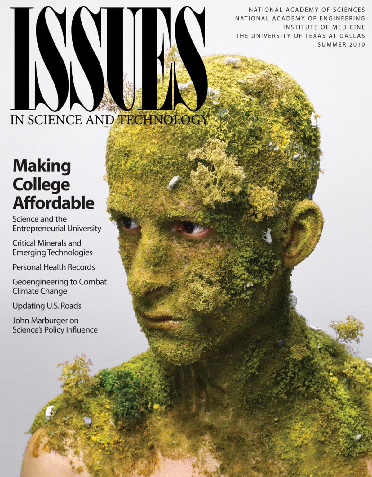 Issues Summer 2010 Front Cover Featuring a Person covered in moss