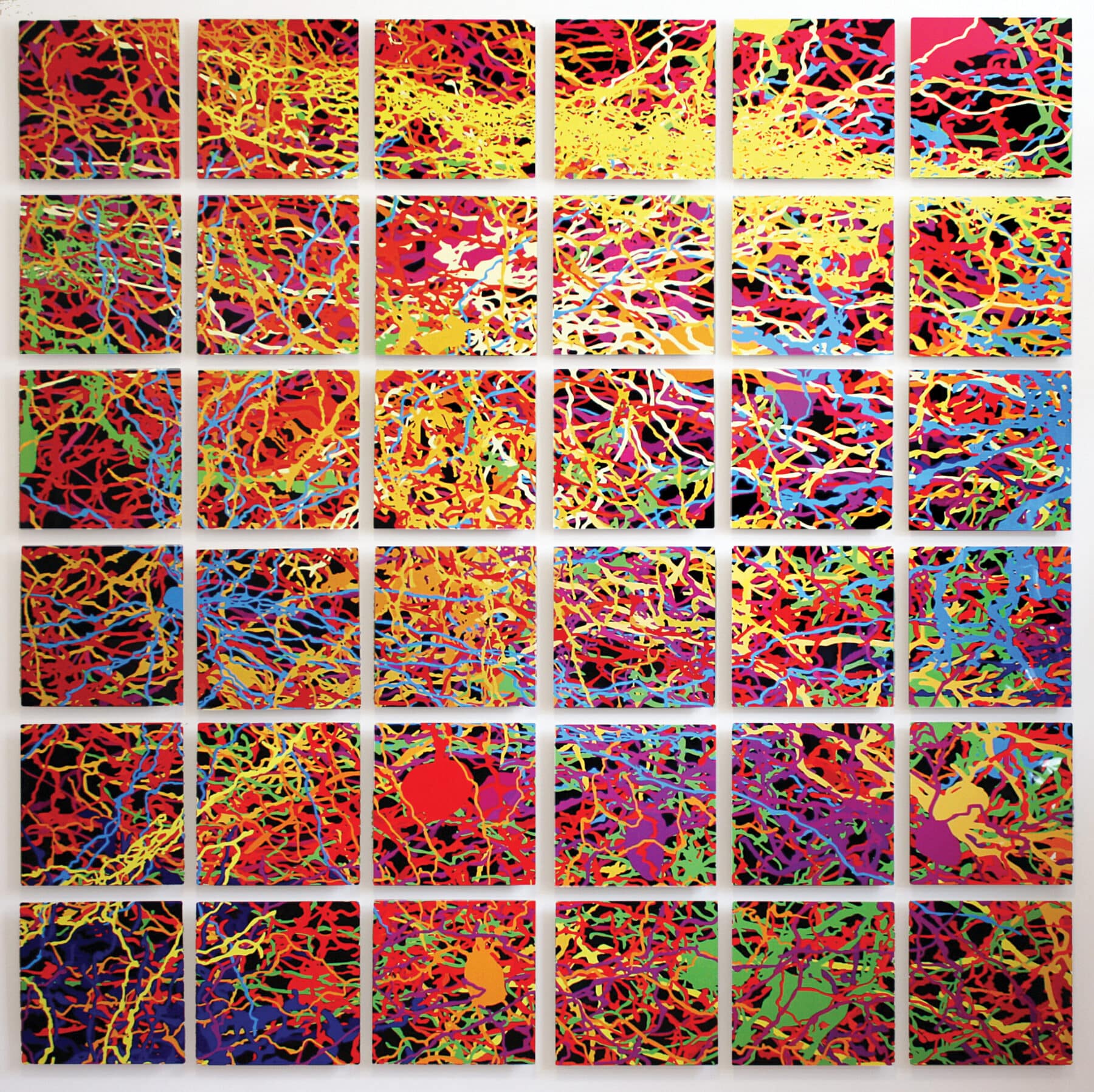 Julia Buntaine Hoel, “For Pollock” (2017), digital collage printed on aluminum, 65 x 65 inches. Neuron data from EyeWire.