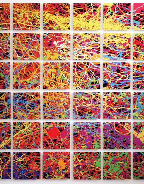 Julia Buntaine Hoel, “For Pollock” (2017), digital collage printed on aluminum, 65 x 65 inches. Neuron data from EyeWire.