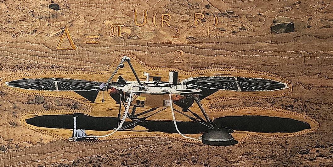 Kathleen Decker, "Marsquake!," (detail) 2023, cotton fabric, cotton batting, photos printed on fabric (image credit: JPL/NASA), cotton, silk, and polyester quilting thread, 25.5 x 29 inches.