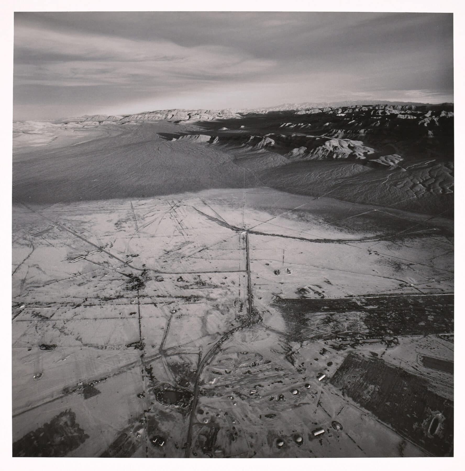 Emmet Gowin, Ground Zero and Lines of Sight for Aboveground Test, Frenchman Flat, Nevada Test Site, 1996, toned gelatin silver print. Courtesy of the artist and Pace Gallery, New York, © Emmet and Edith Gowin.