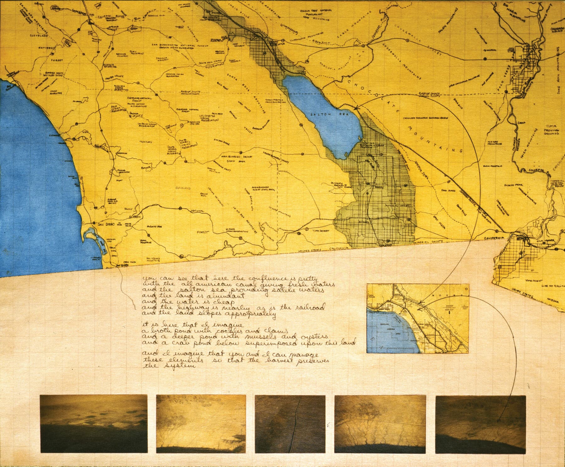 Helen and Newton Harrison, You Can See that Here the Confluence is Pretty... From the Fourth Lagoon, The Lagoon Cycle, 1974–1984. Paper on canvas, acrylic gouache, collage, photographic print with ink, print, and pencil.