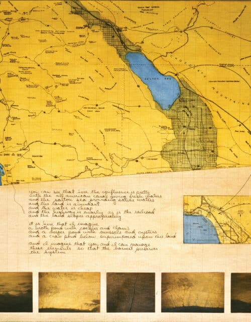 Helen and Newton Harrison, You Can See that Here the Confluence is Pretty... From the Fourth Lagoon, The Lagoon Cycle, 1974–1984. Paper on canvas, acrylic gouache, collage, photographic print with ink, print, and pencil.