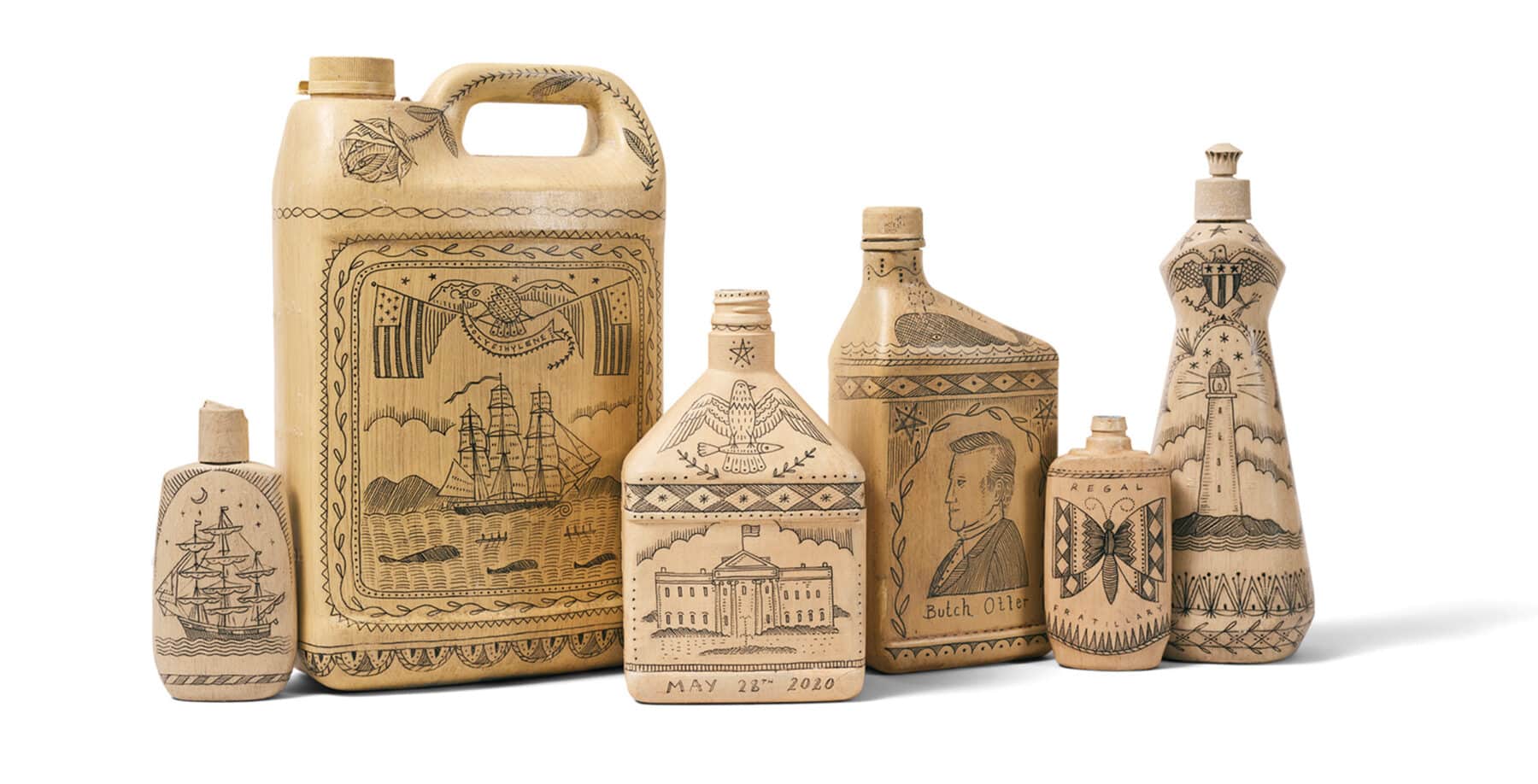 DUKE RILEY, "Nos. 50-P, 74-P, 10, 70, 112, and 106 of The Poly S. Tyrene Memorial Maritime Museum" (2020). Salvaged, painted plastic. Courtesy of the artist. © Duke Riley. (Photo: Robert Bredvad.)