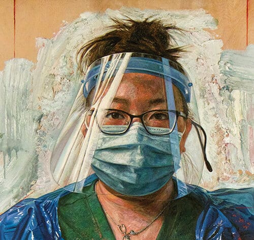 Tim Okamura, "PPE" (2021), oil, colored pencil, on wood panel, 48 x 60 in.