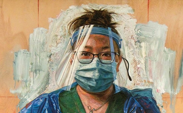 Tim Okamura, "PPE" (2021), oil, colored pencil, on wood panel, 48 x 60 in.